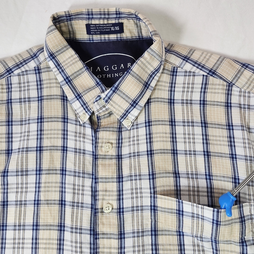 Haggar Men’s XL Short Sleeve Button Front Shirt Beige Blue Plaid Casual‎ Cotton